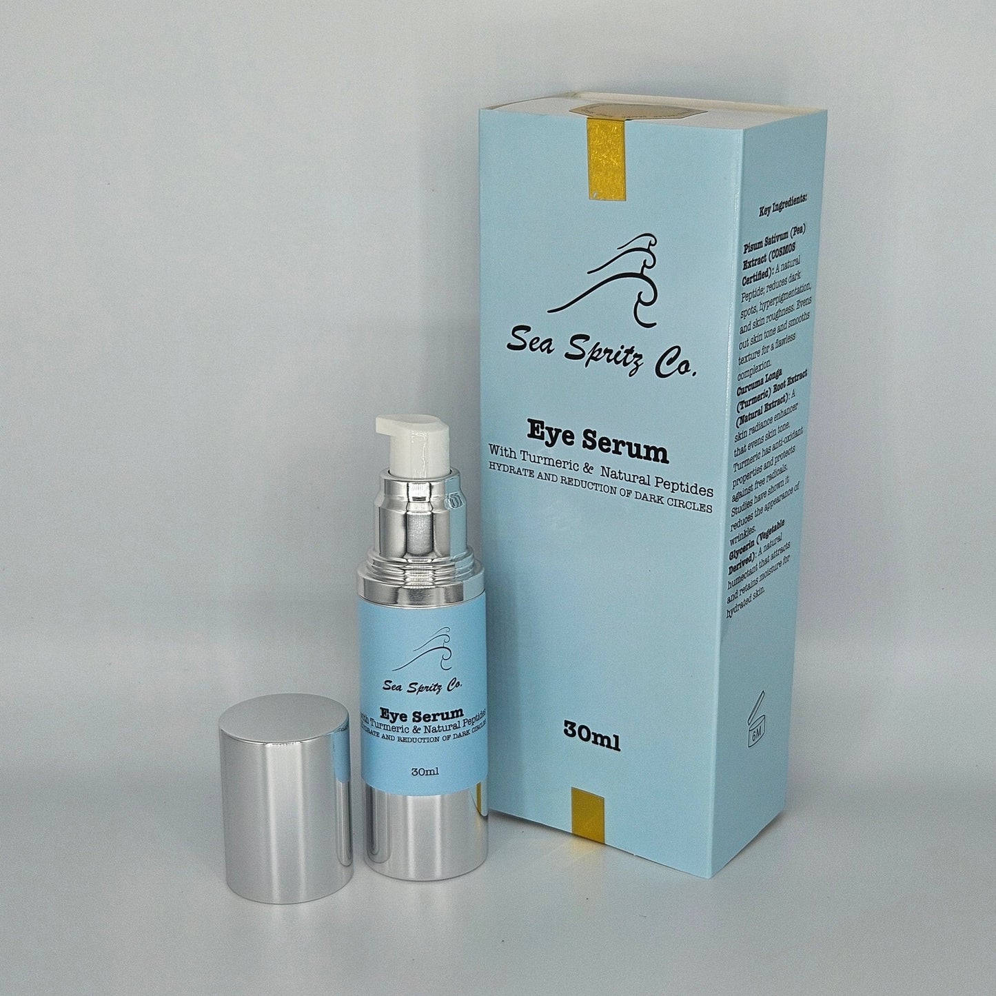 Photo of Sea Spritz Co Eye Serum bottle, cap and sealed box with a white background