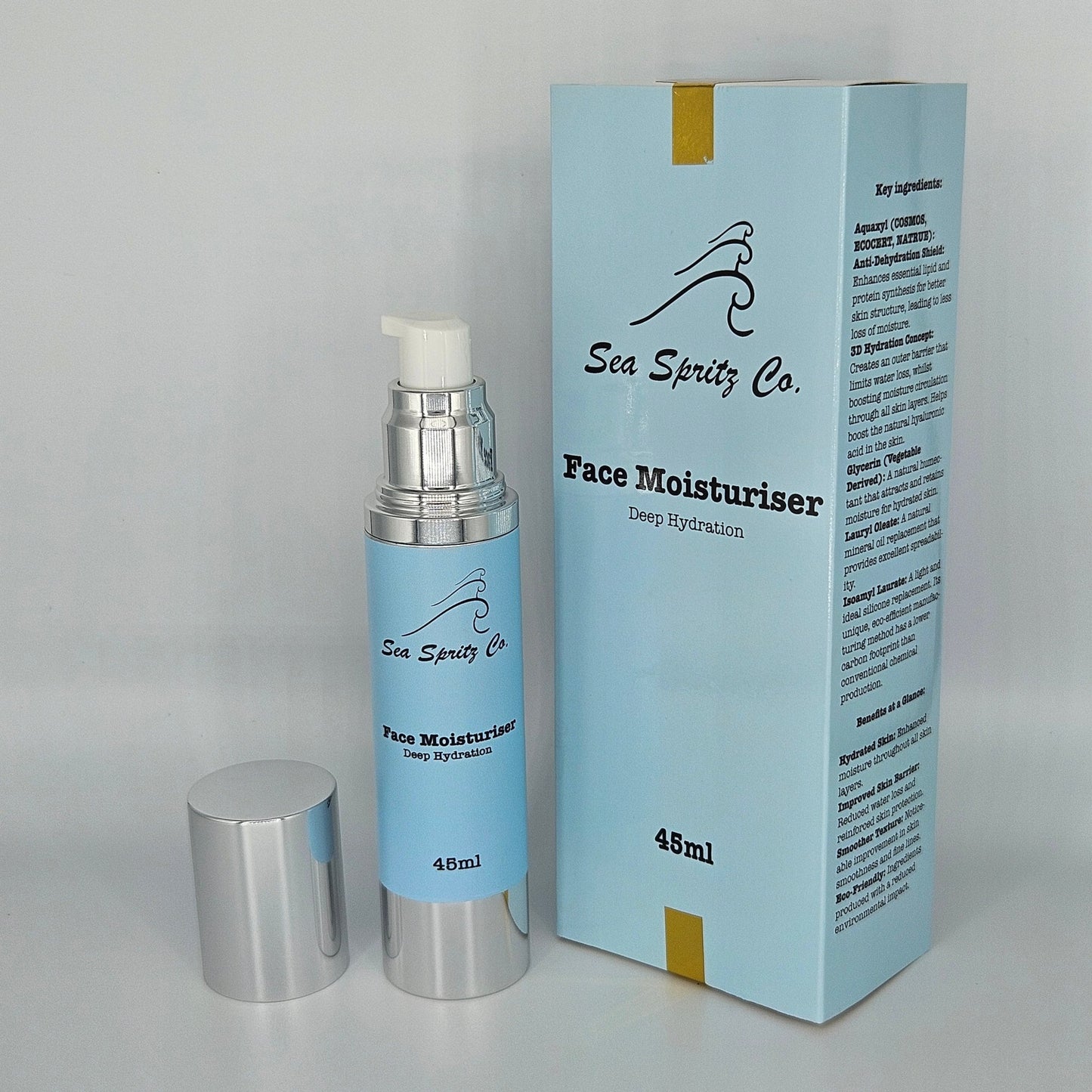 Photo of Sea Spritz Co Face Moisturiser bottle, cap and sealed box