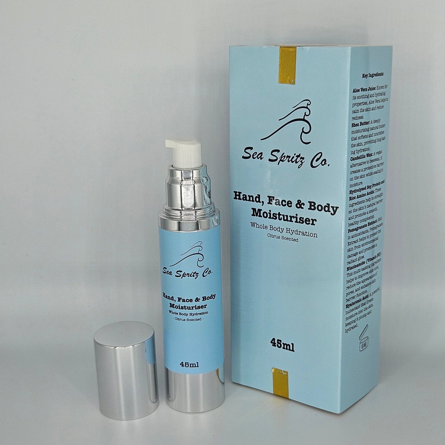 Photo of Sea Spritz Co Hand, Face & Body Moisturiser bottle, cap and sealed box
